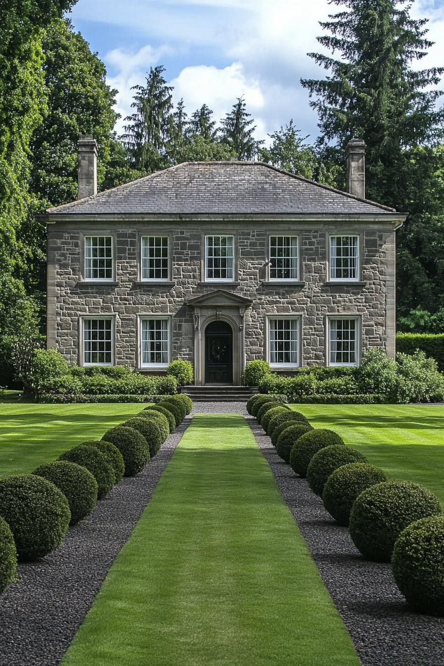 Elegant stone Georgian home with manicured lawn