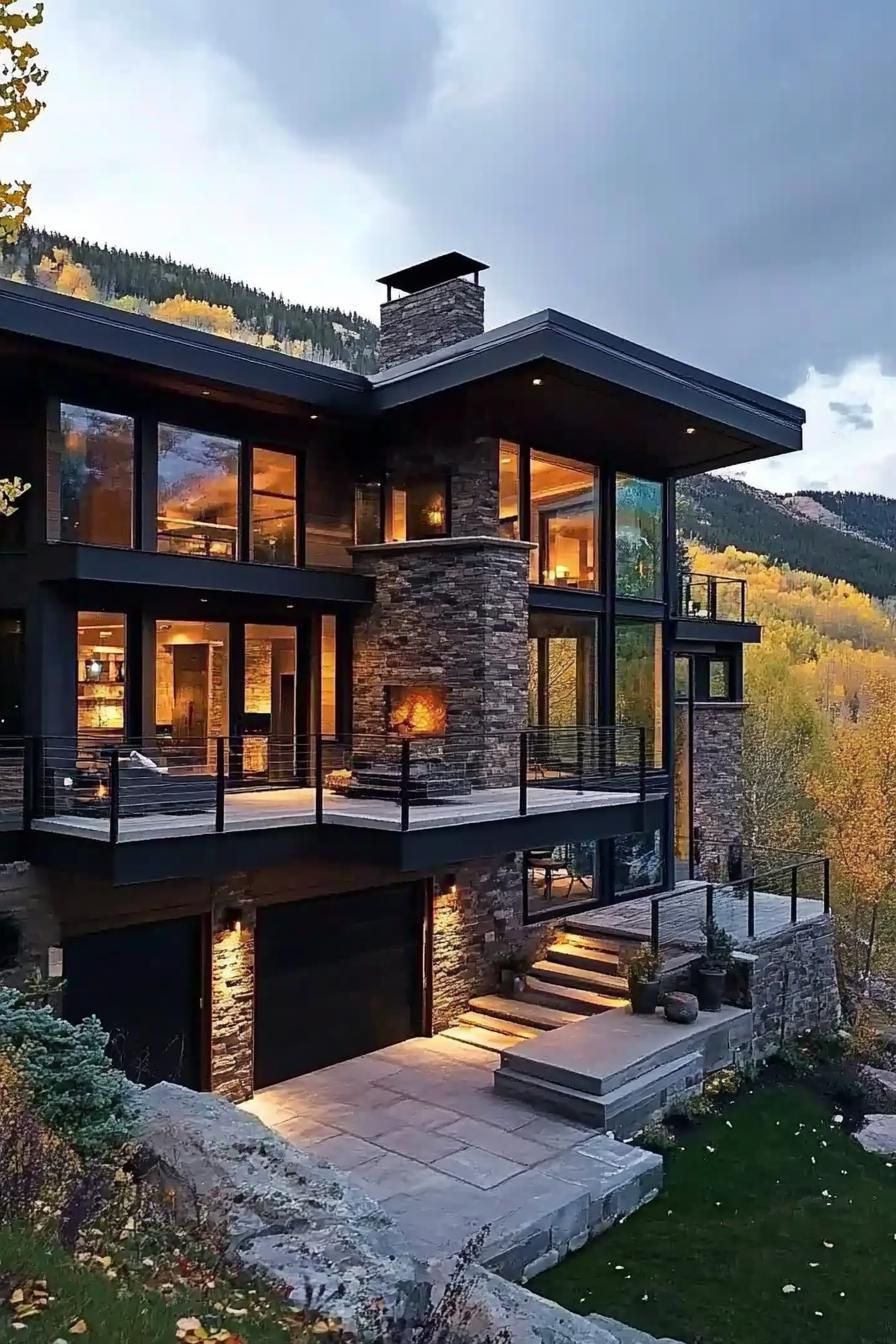 mountain village modern house with stone facade modern windows large porch overlooking mountain village 3