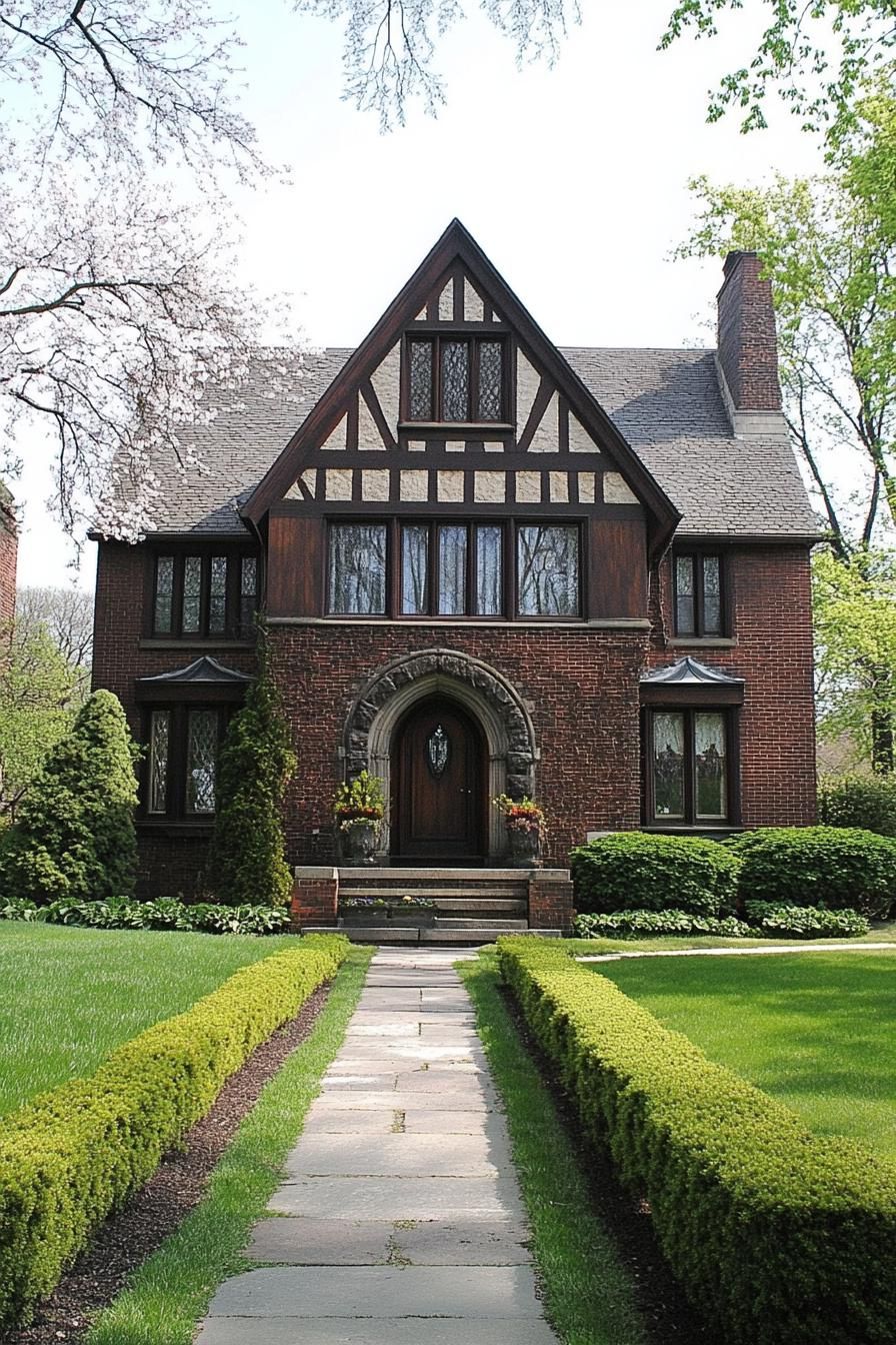 Traditional Tudor-style home with arched entry and lush garden