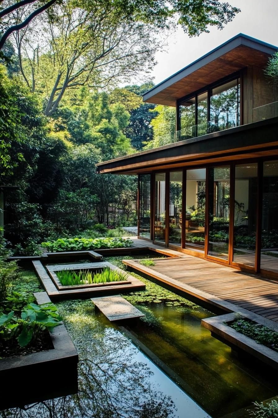 Japanese house with a glass facade overlooking a pond