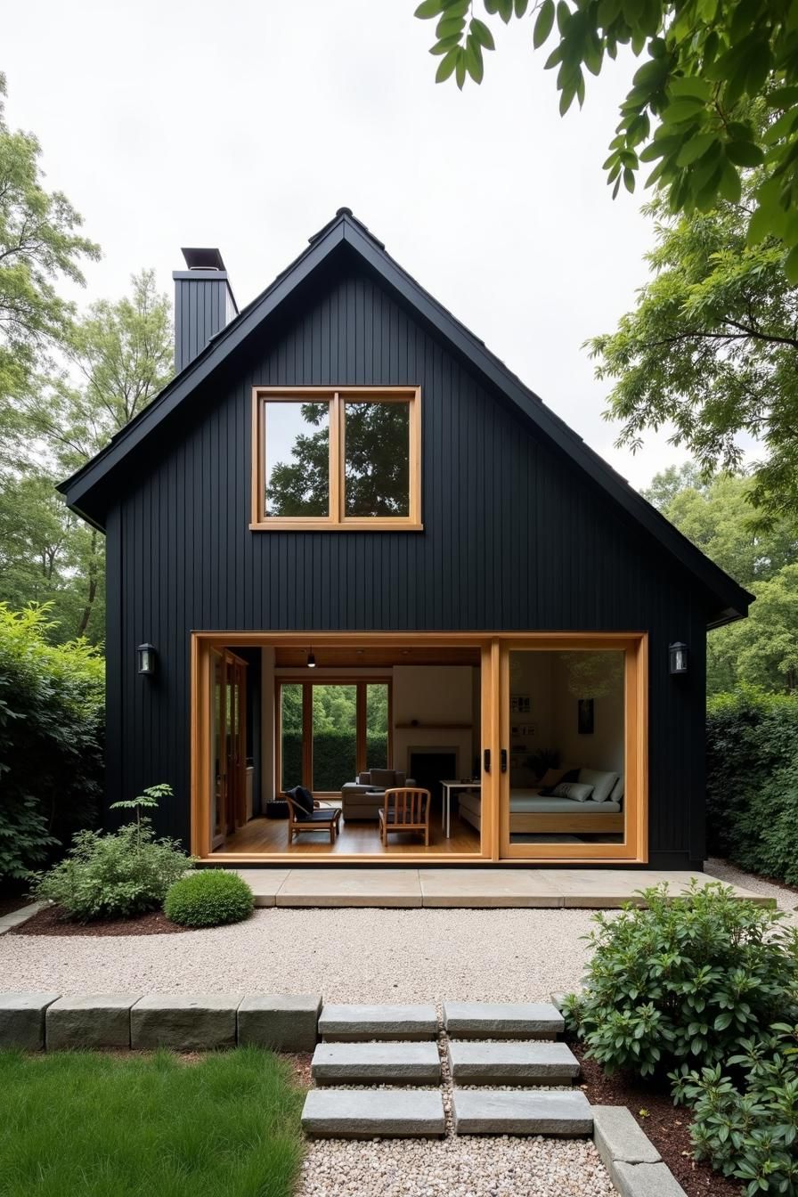 Small modern black house with wood-framed windows, surrounded by lush greenery