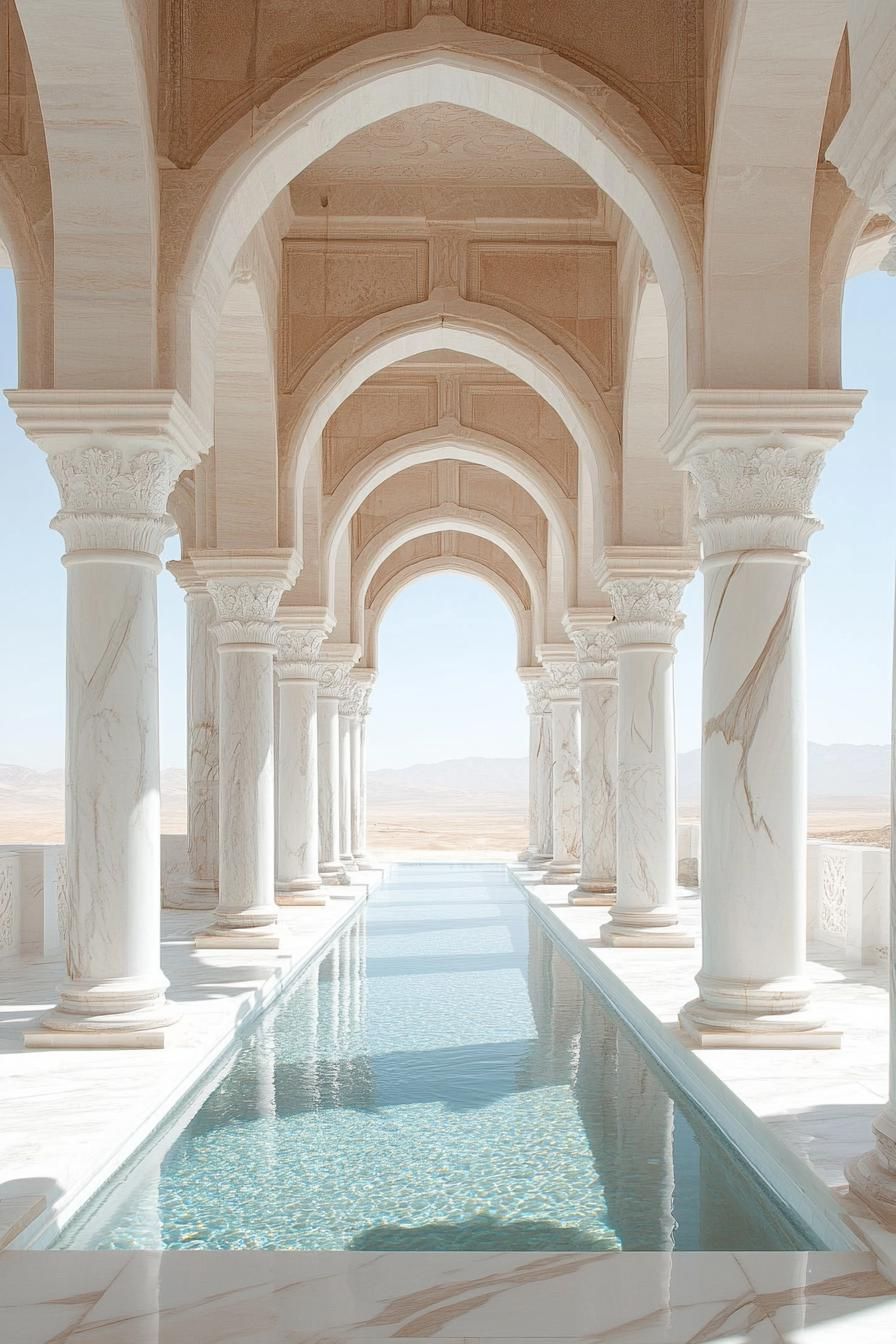 white marble oasis in a desert with tall arches and columns pool in the middle stunning desert and sea views 2