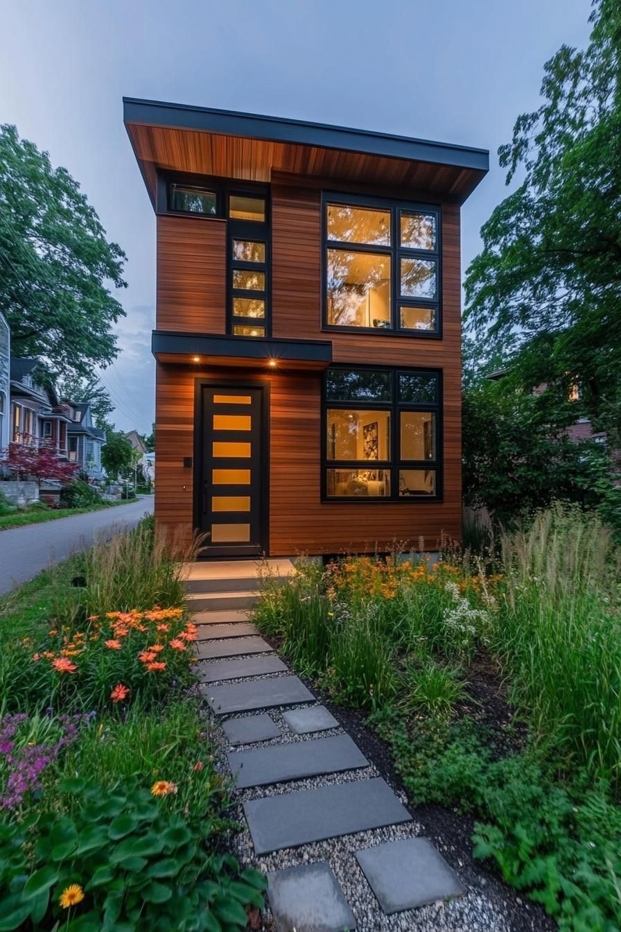 narrow modern 2 story tiny house with gemetric facade and reclaimed wood siding modern geometric windows in black trim lush front garden with 3