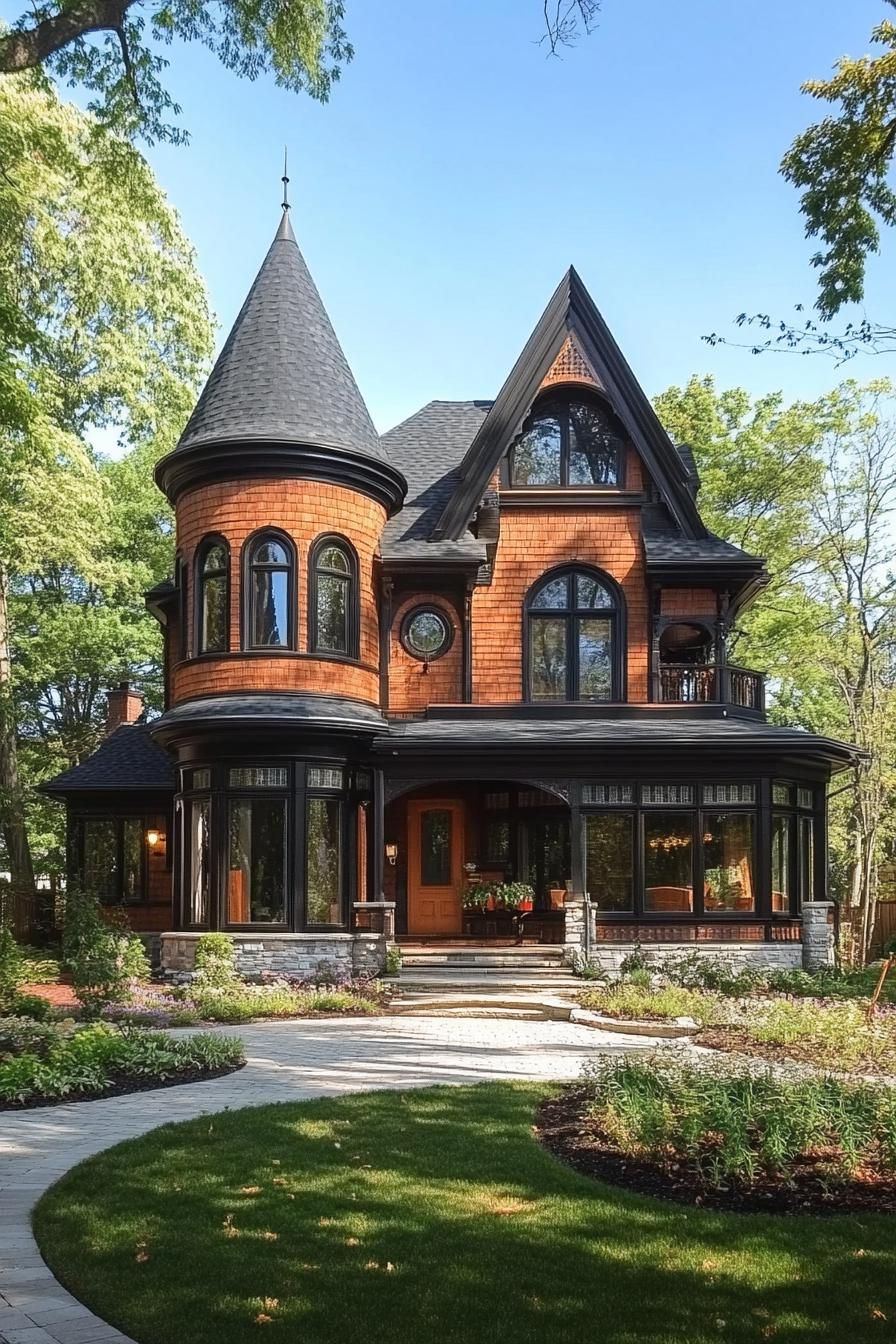 Victorian mansion with mahogany siding arched and round windows black roof tall turret bay windows front lawn landscaping 1