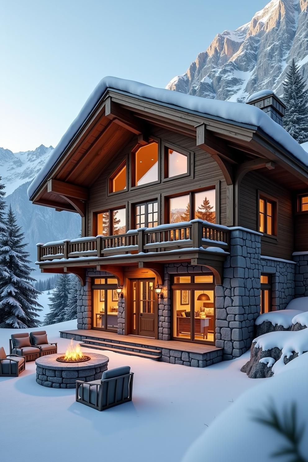 Cozy cabin with a snowy mountain backdrop