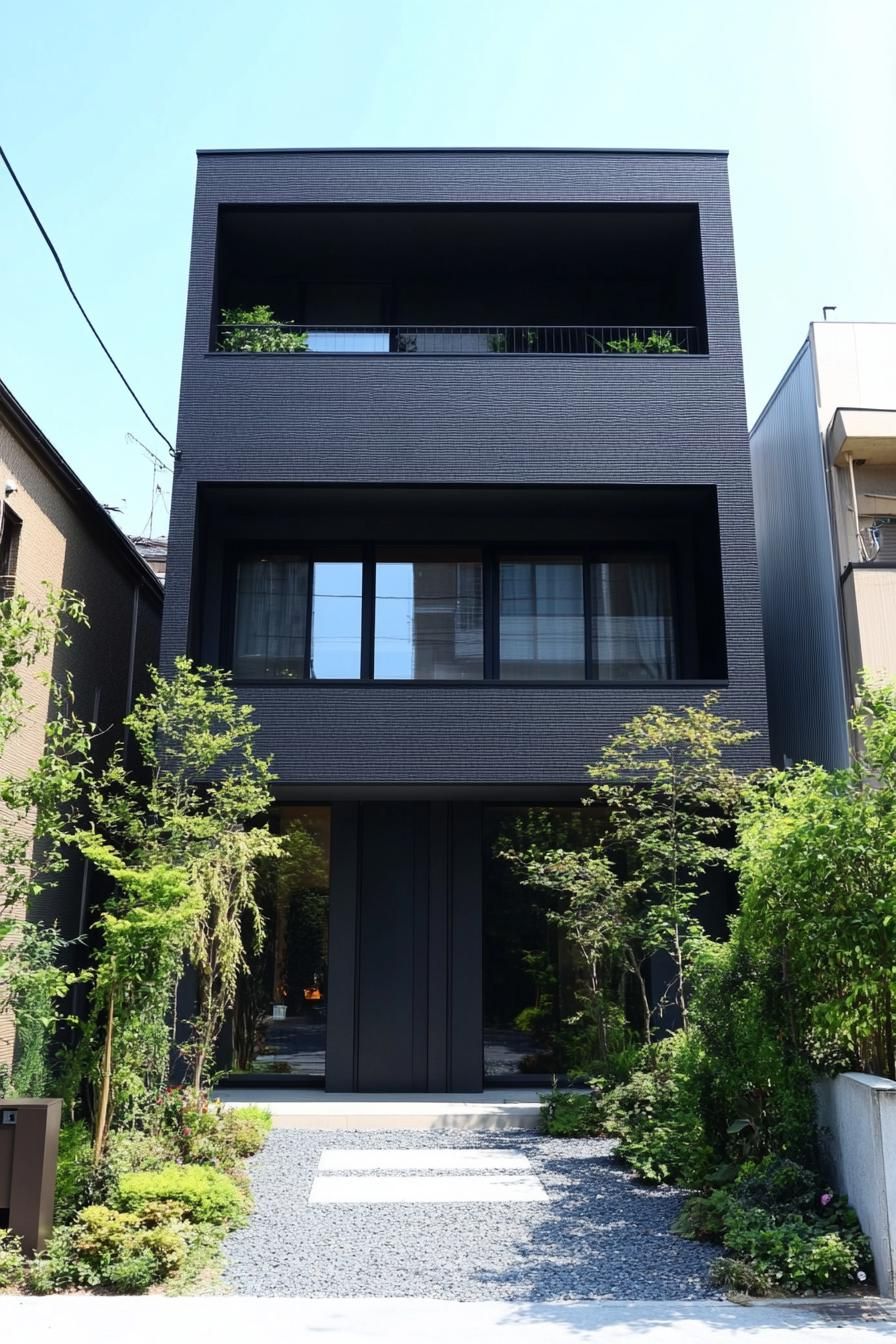 Contemporary black house surrounded by greenery