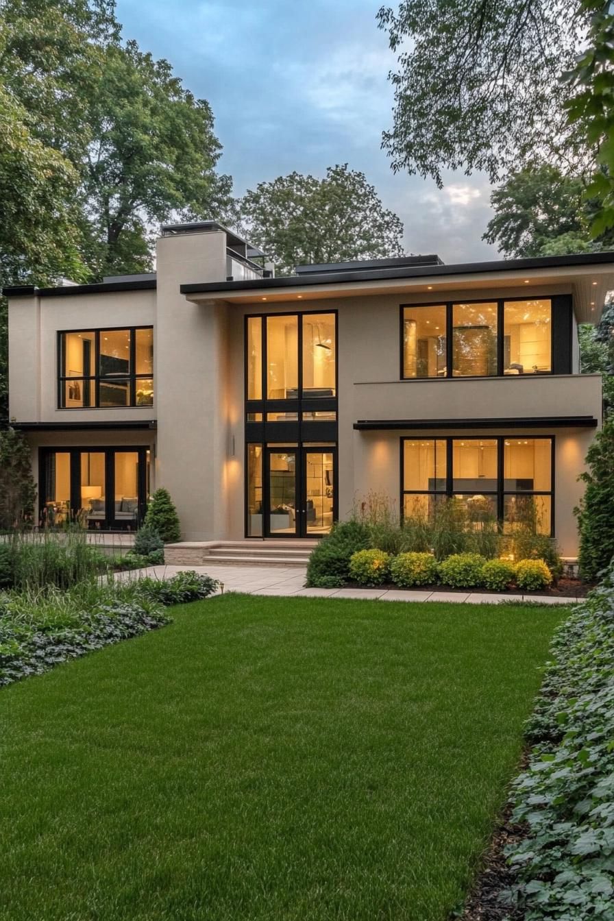 Contemporary house with large windows and lush lawn