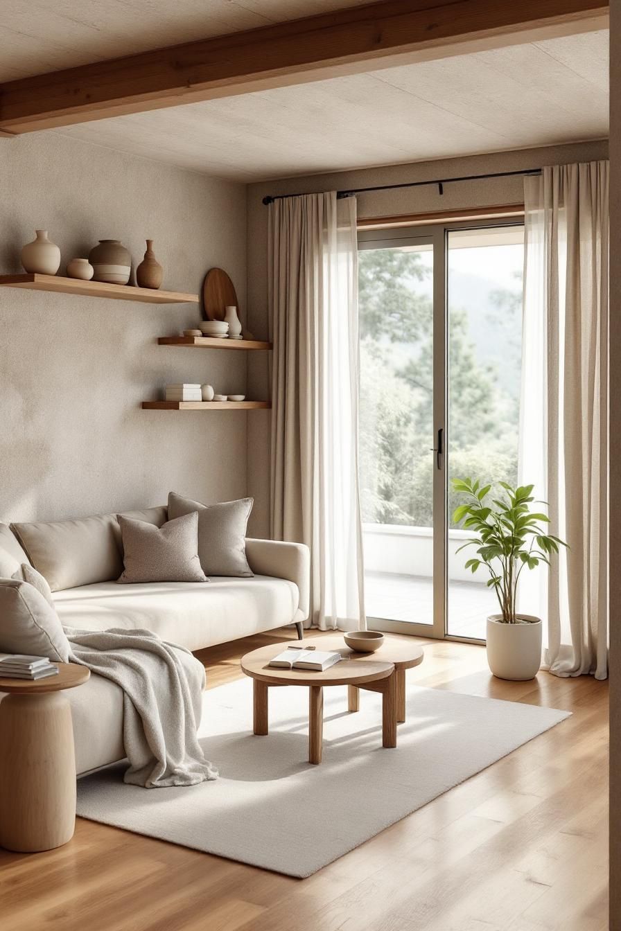 Minimalist living room with soft beige tones and wooden accents