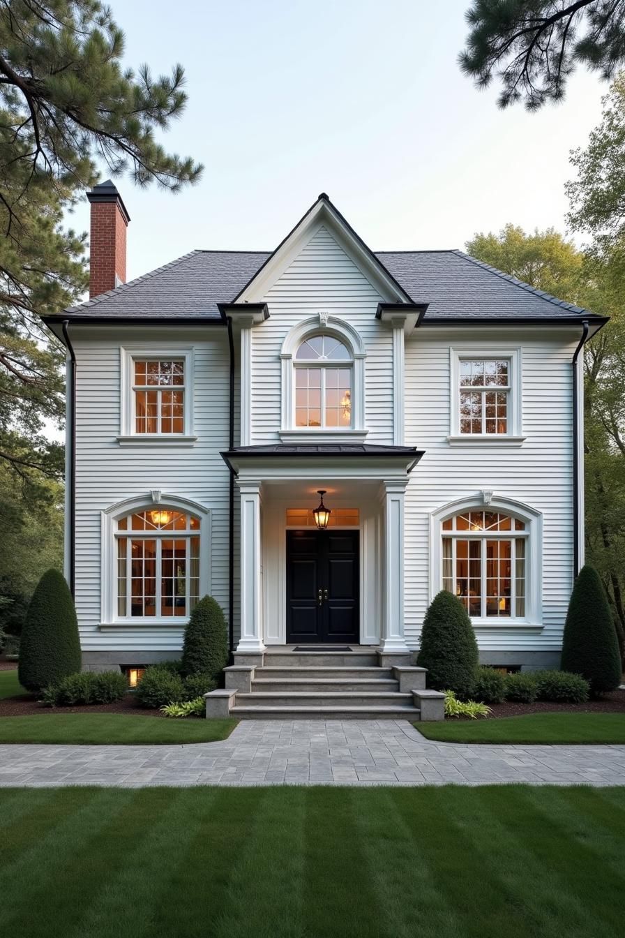 Classic white mansion with black door and trimmed hedges