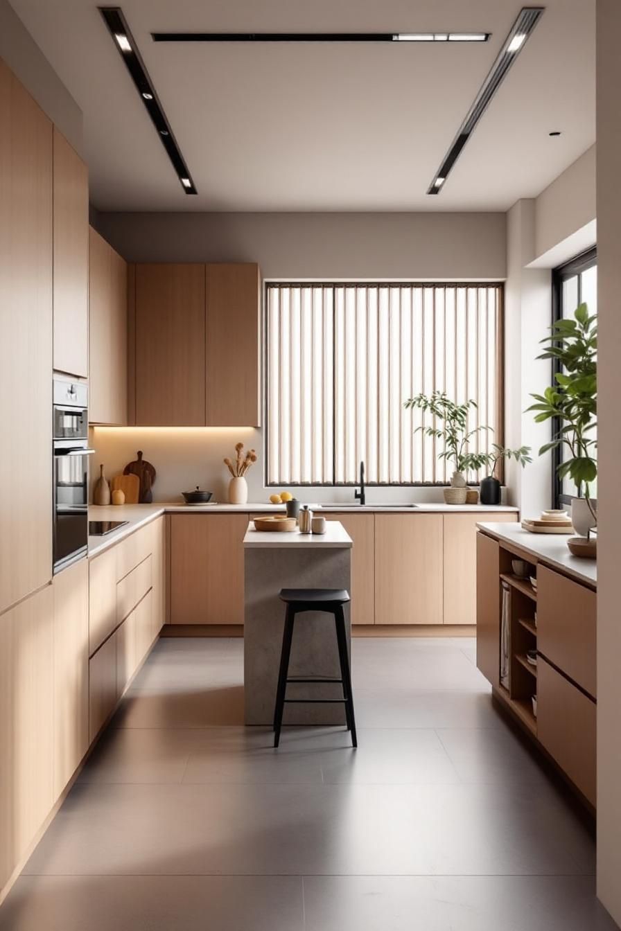 Minimalist kitchen with natural wood tones and greenery