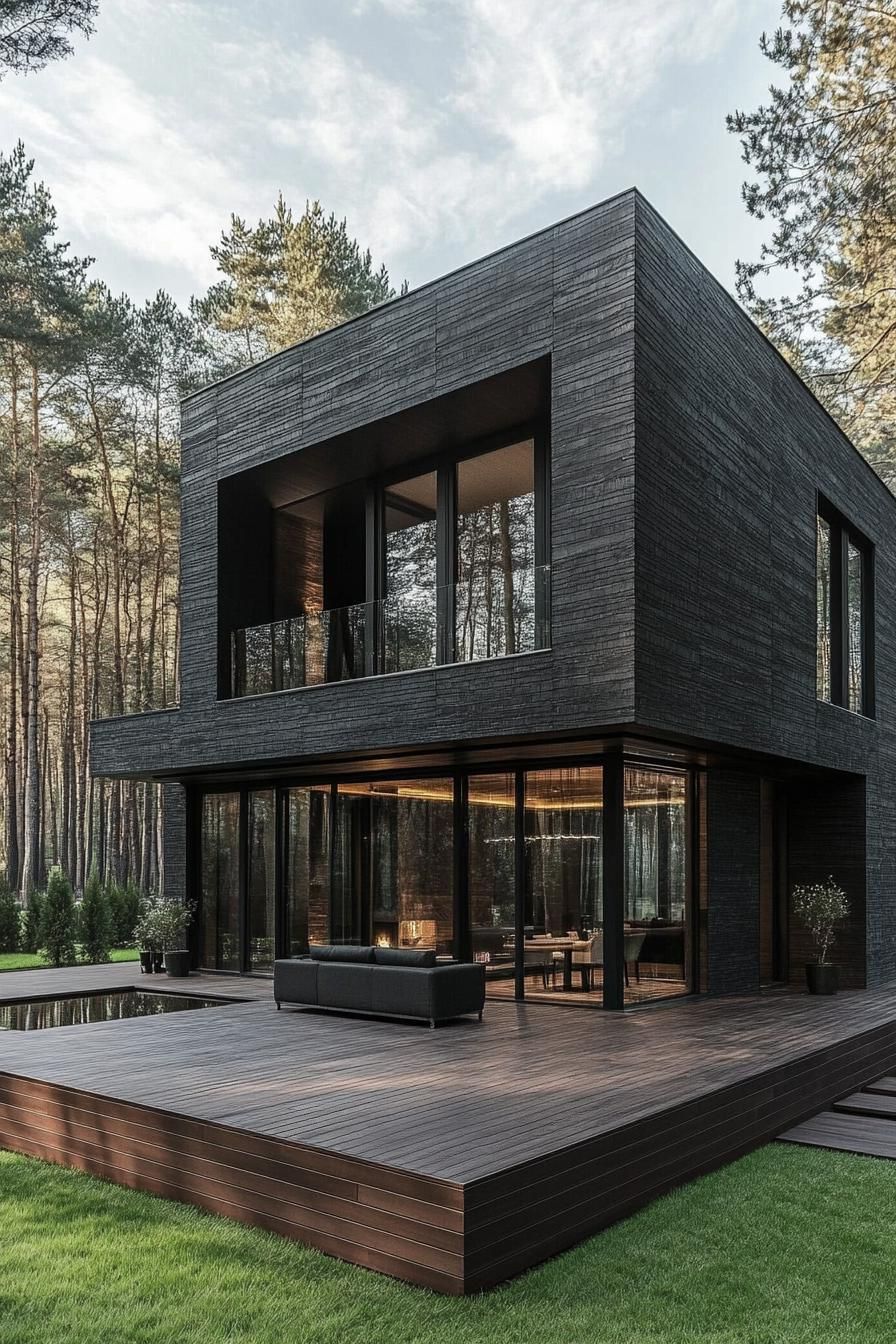 modern cube house with charred wood cladding large deck forest background 2