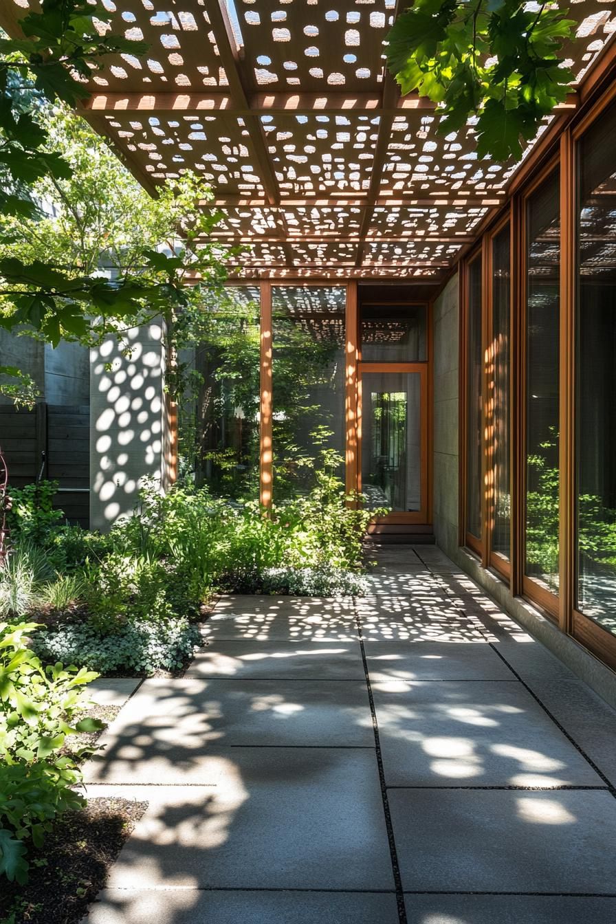 inner courtyard of a modern house with a large pattern pavillion filtering light shadows dropping on garden plants 1