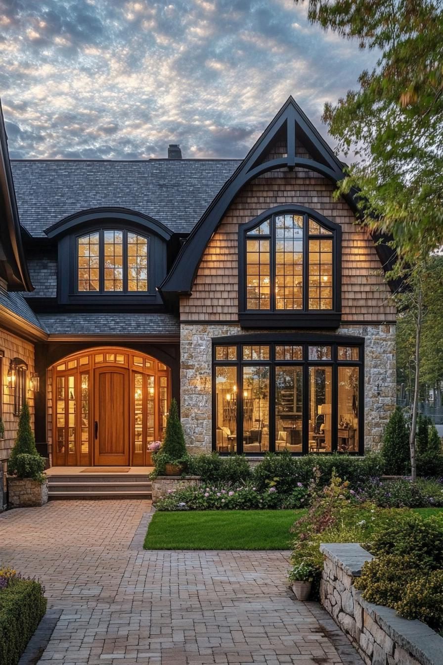 Charming stone and shingle house with gabled roof