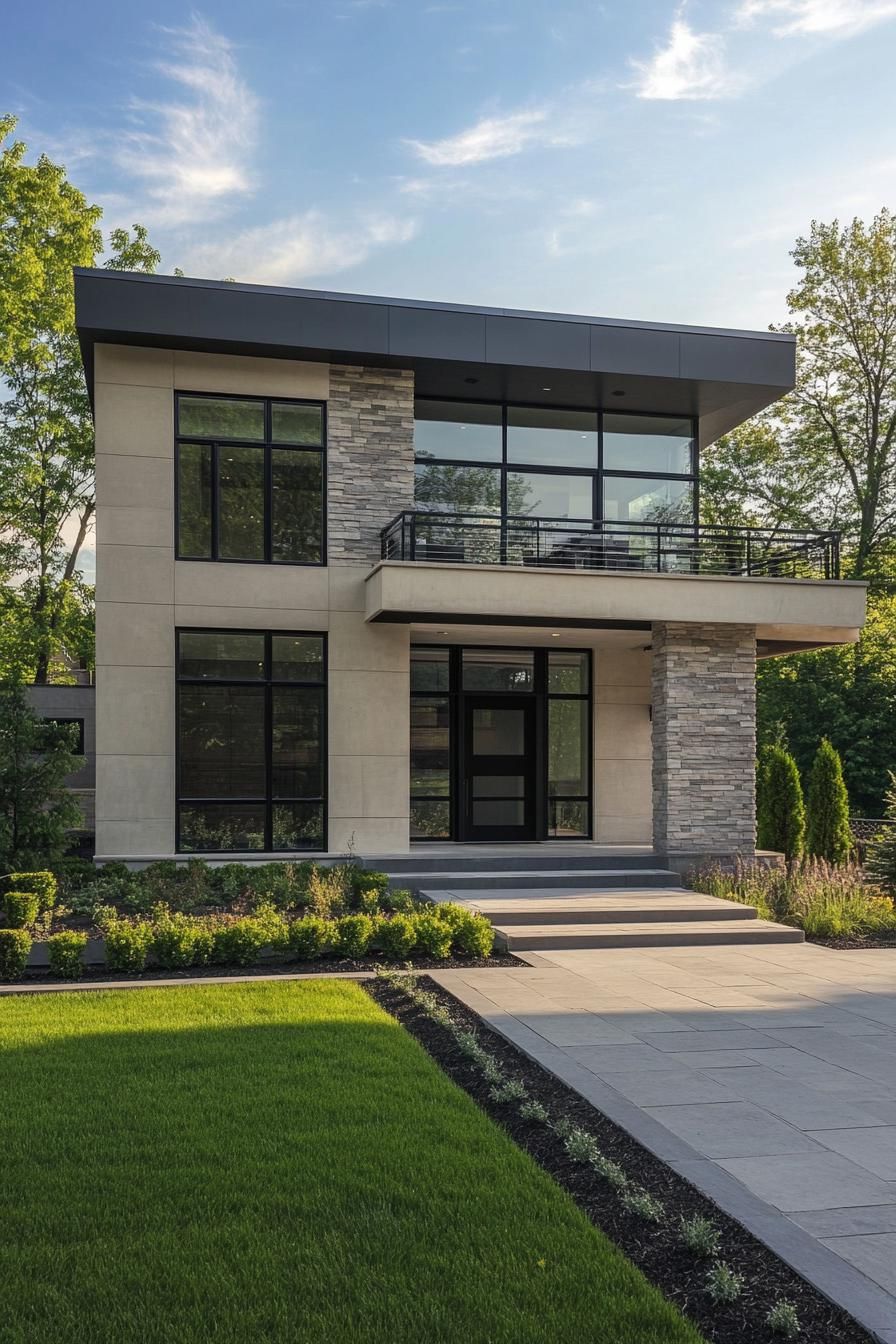 Sleek modern house with large windows and stone accents