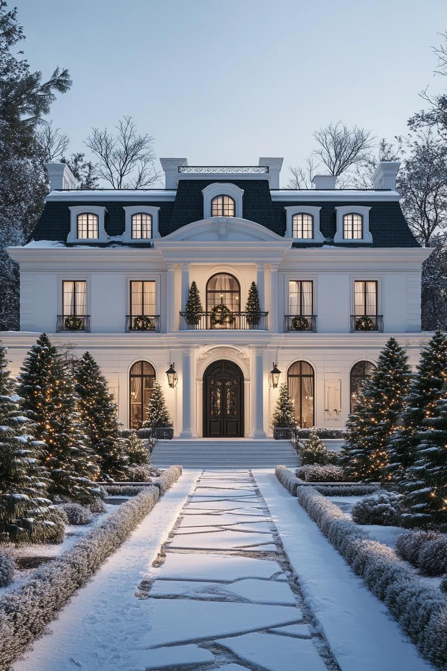 front view of a French mansion in winter white facade with columns and arches black multi pitched roof with dormers large front entrance with 3