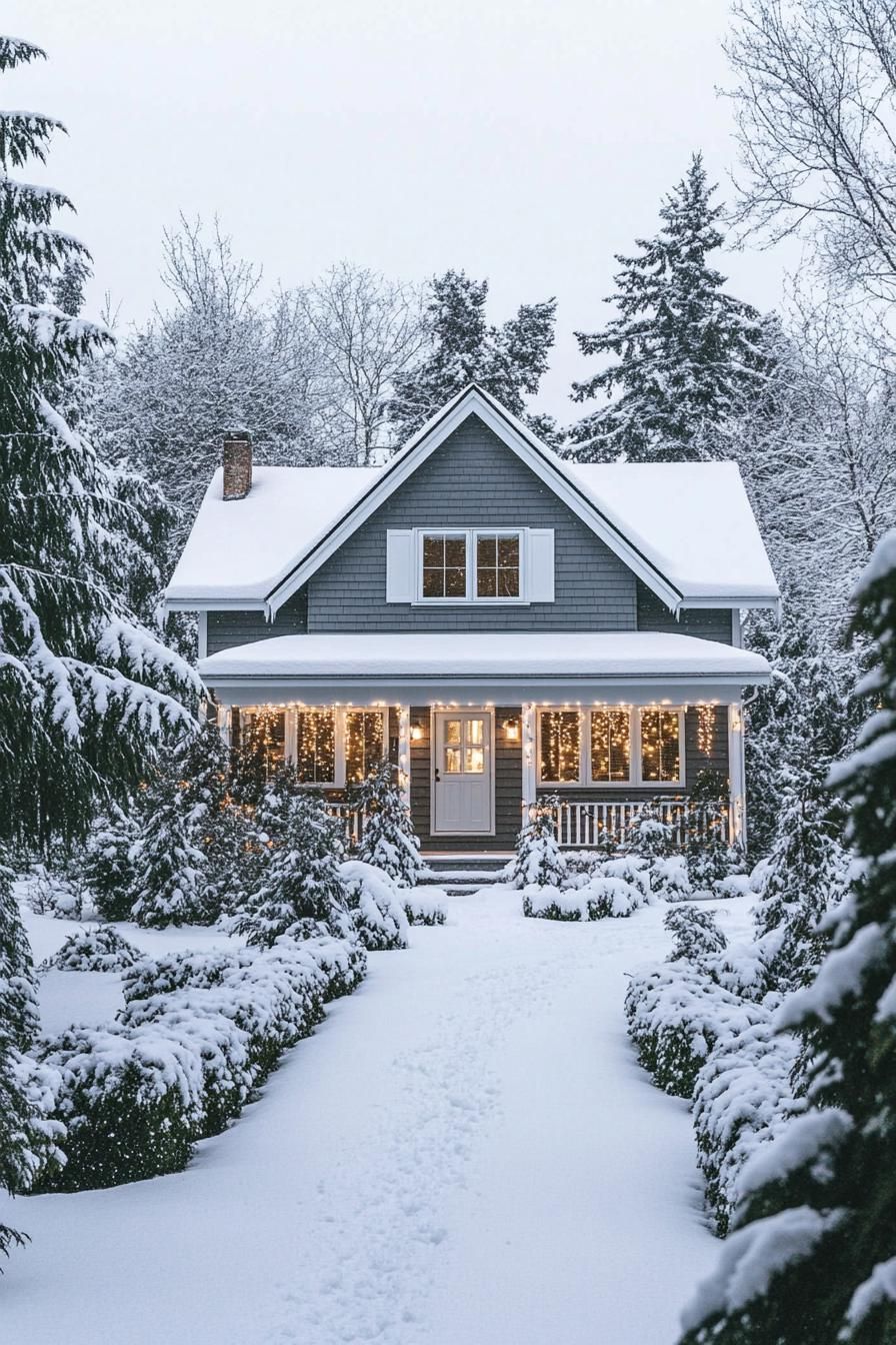 front view of a modern cottage house with grey horizontal slatted siding large white windows multi pitched roof with snow porch with white columns