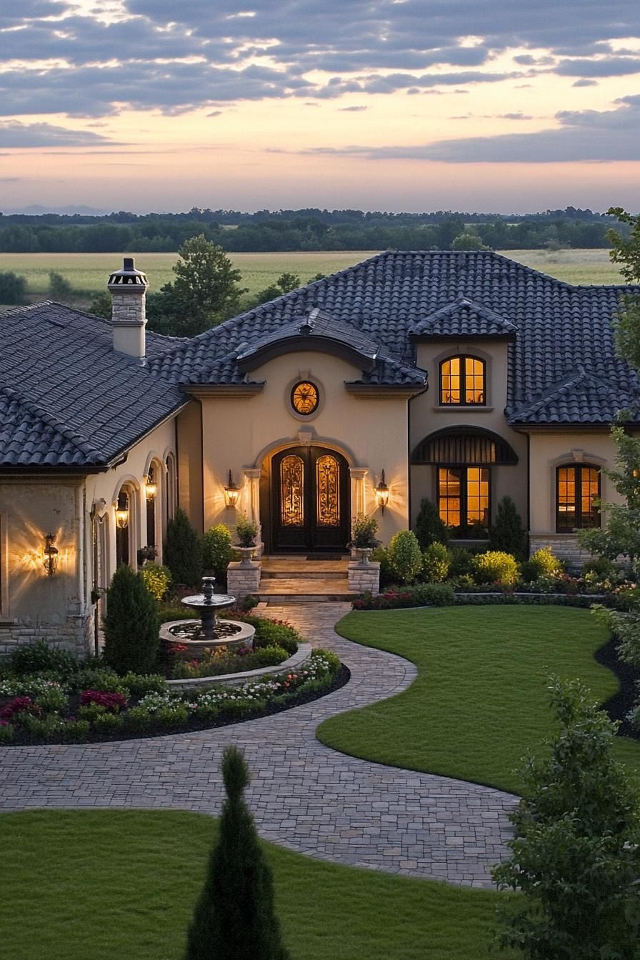 Elegant mansion with lush landscaping and a fountain