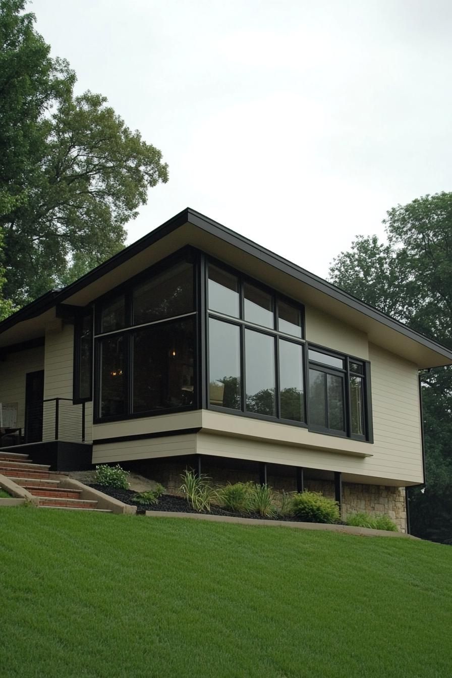 Modern split-level home with large windows on a grassy hill