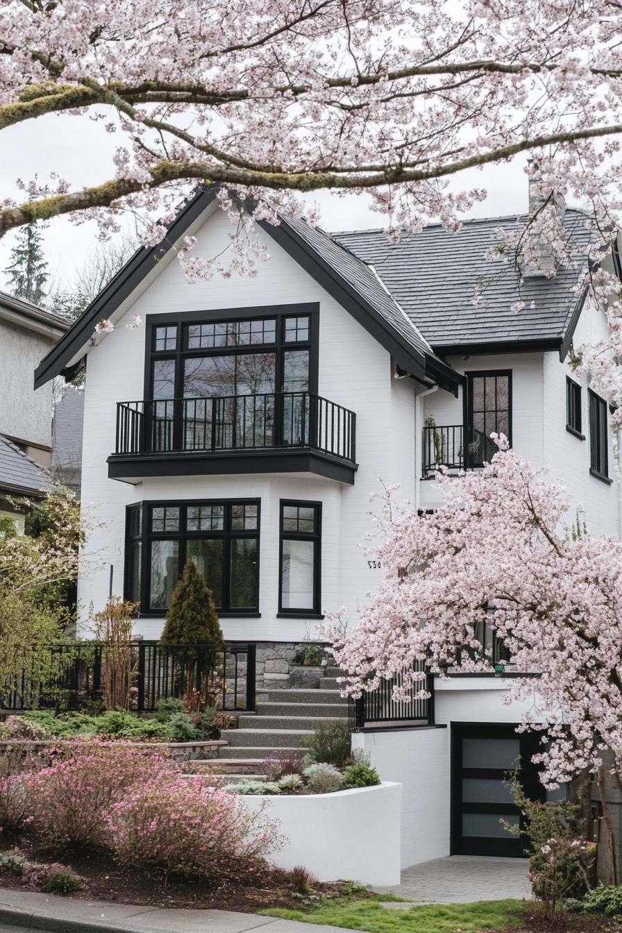 modern white stucco cottage house with black trim black multi pitched roof black metal balconies front yard with cherry trees 2