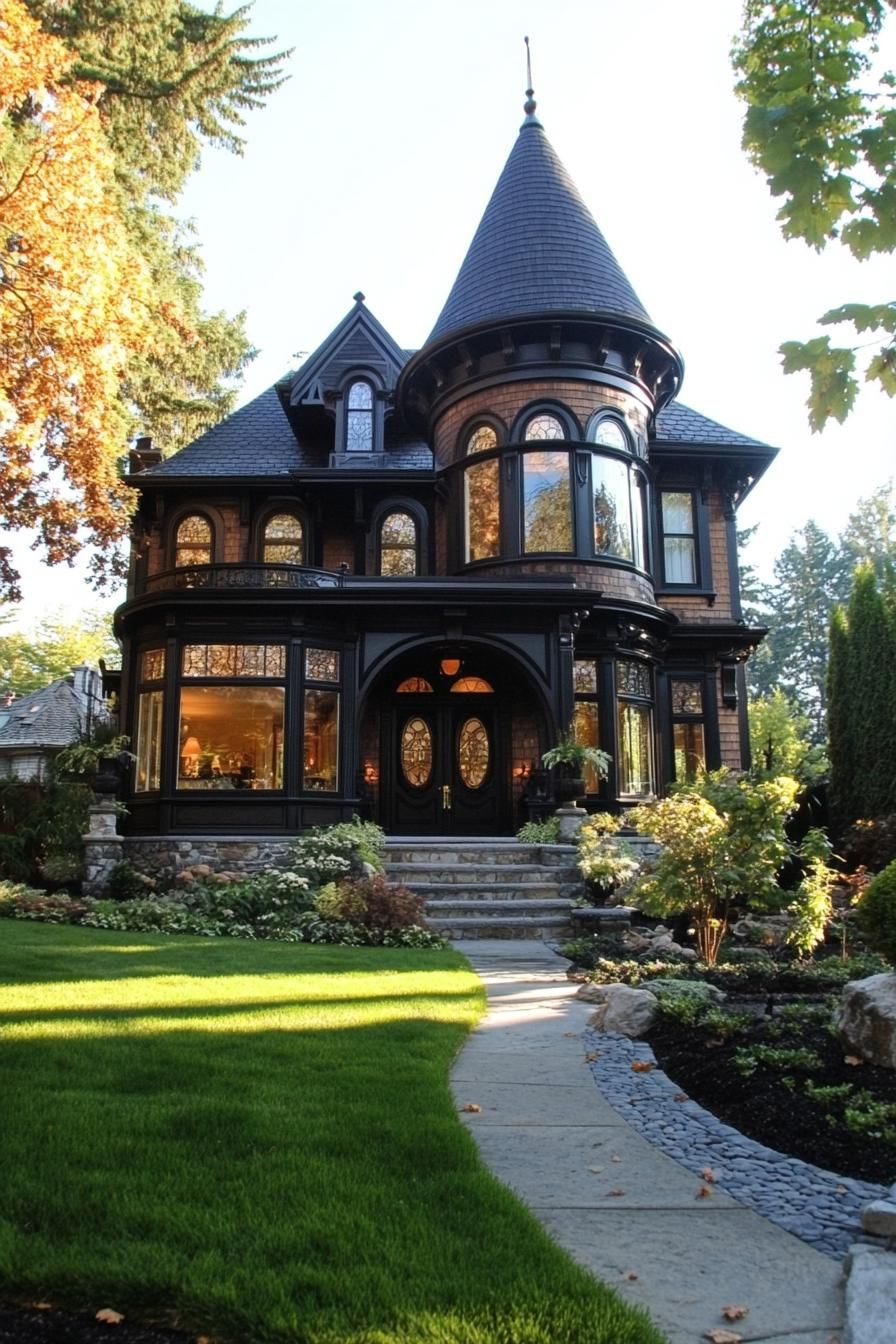 Victorian mansion with mahogany siding arched and round windows black roof tall turret bay windows front lawn landscaping 2