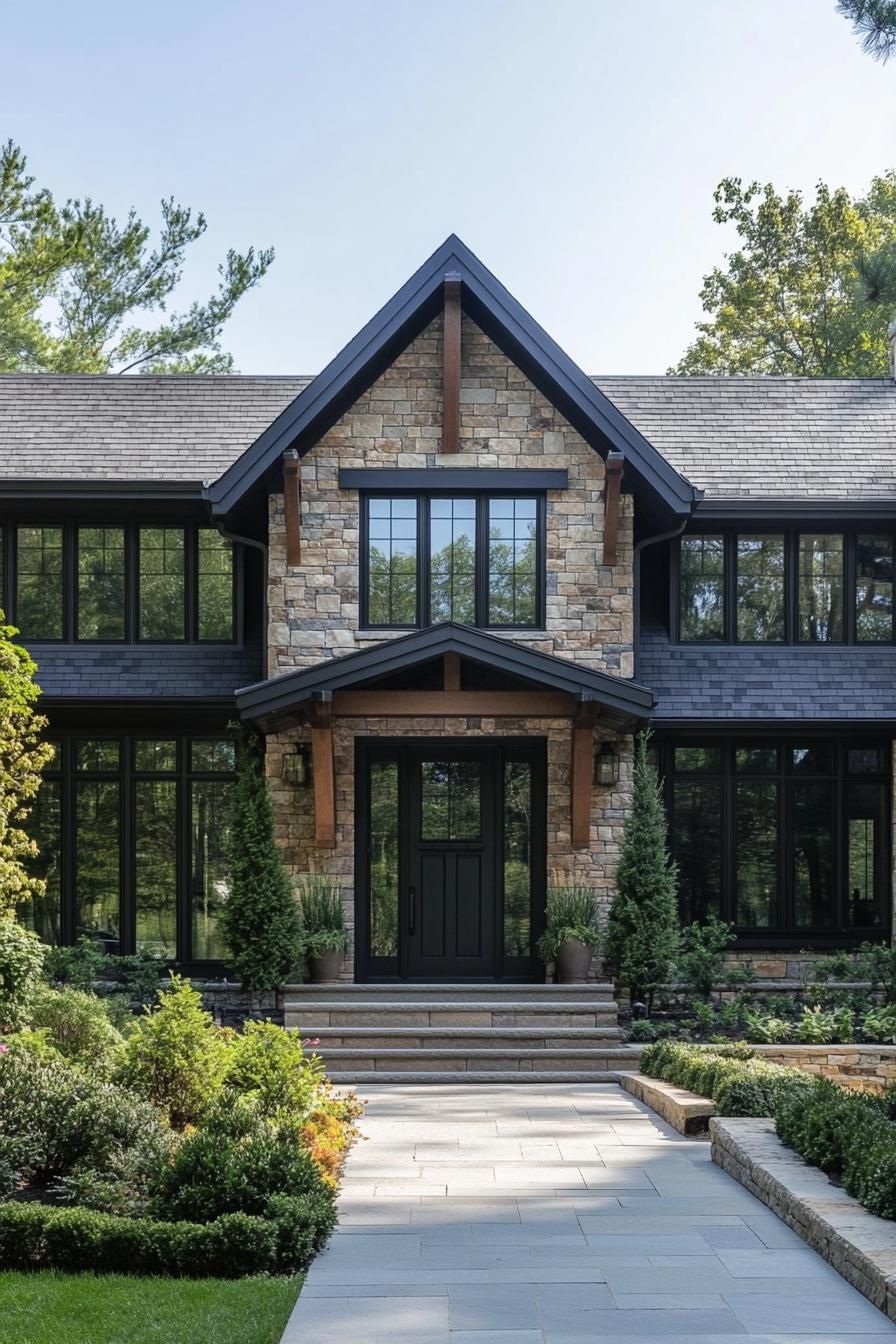 Modern stone house with lush landscaping