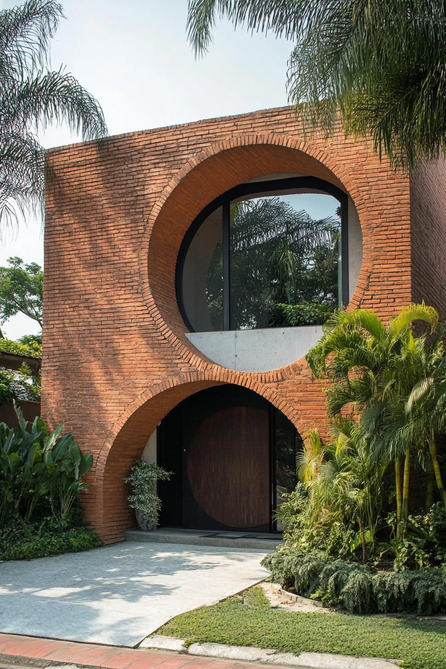 geometric house facade with spiral shaped brick arch doorway