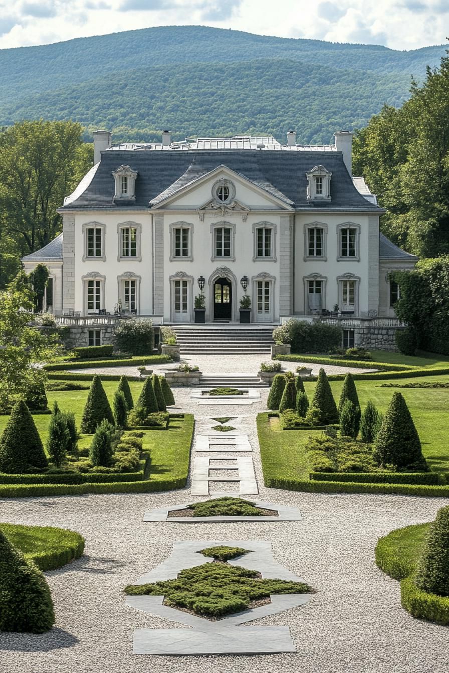 high angle view of French white manor with grey roof facade with detailing large front garden with geometric shrubs and paven paths with steps 5