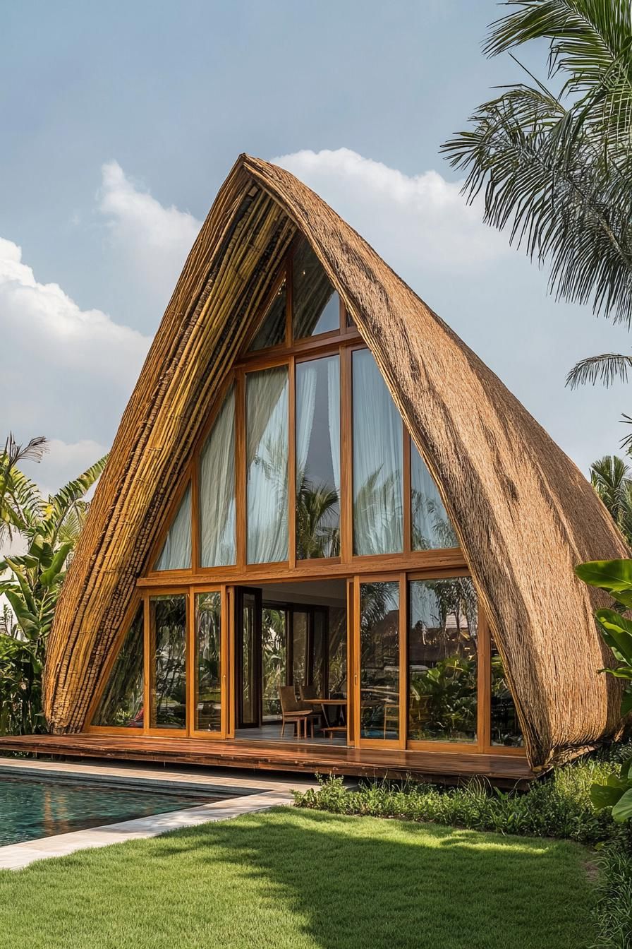 Stunning bamboo house with a tall, curved roof by the pool