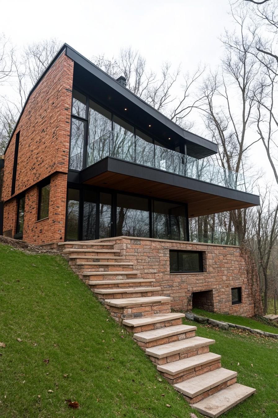 modern house with brick siding and modern geometric windows built on a 45 degree green slope and plain foot the house has a large terrace with glass 1