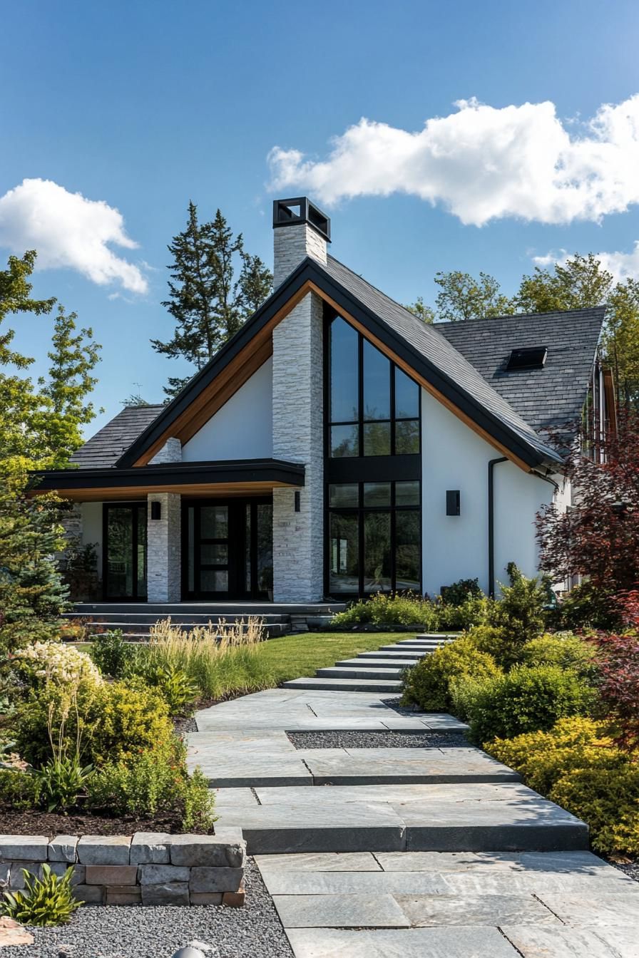 modern european cottage with shite stucco and reclaimed wood siding multi pitched gabled roof chimney modern windows in black trim front yard with 1