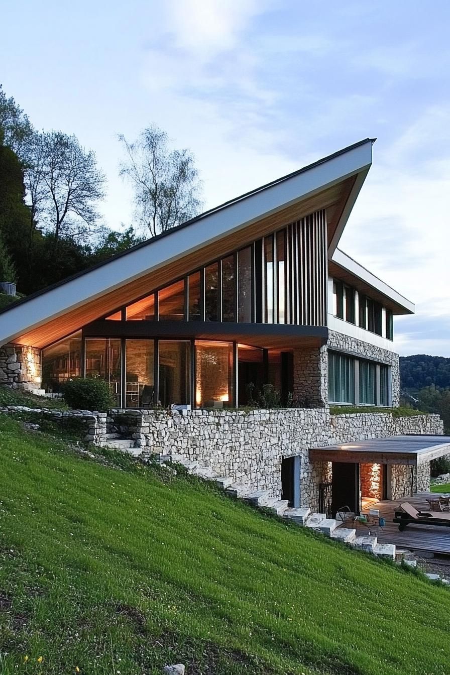 modern house built onto a hillside bank cascading facade on slopes reinforced with stone fencing terrace at the bottom access to the house on top 1