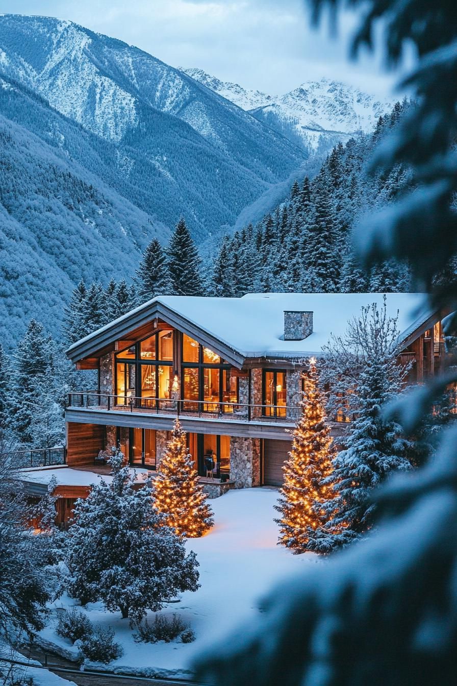 high angle view of a mountain mansion in a valley of mountains in winter with lots of snow the mansion has wooden siding large modern windows multi