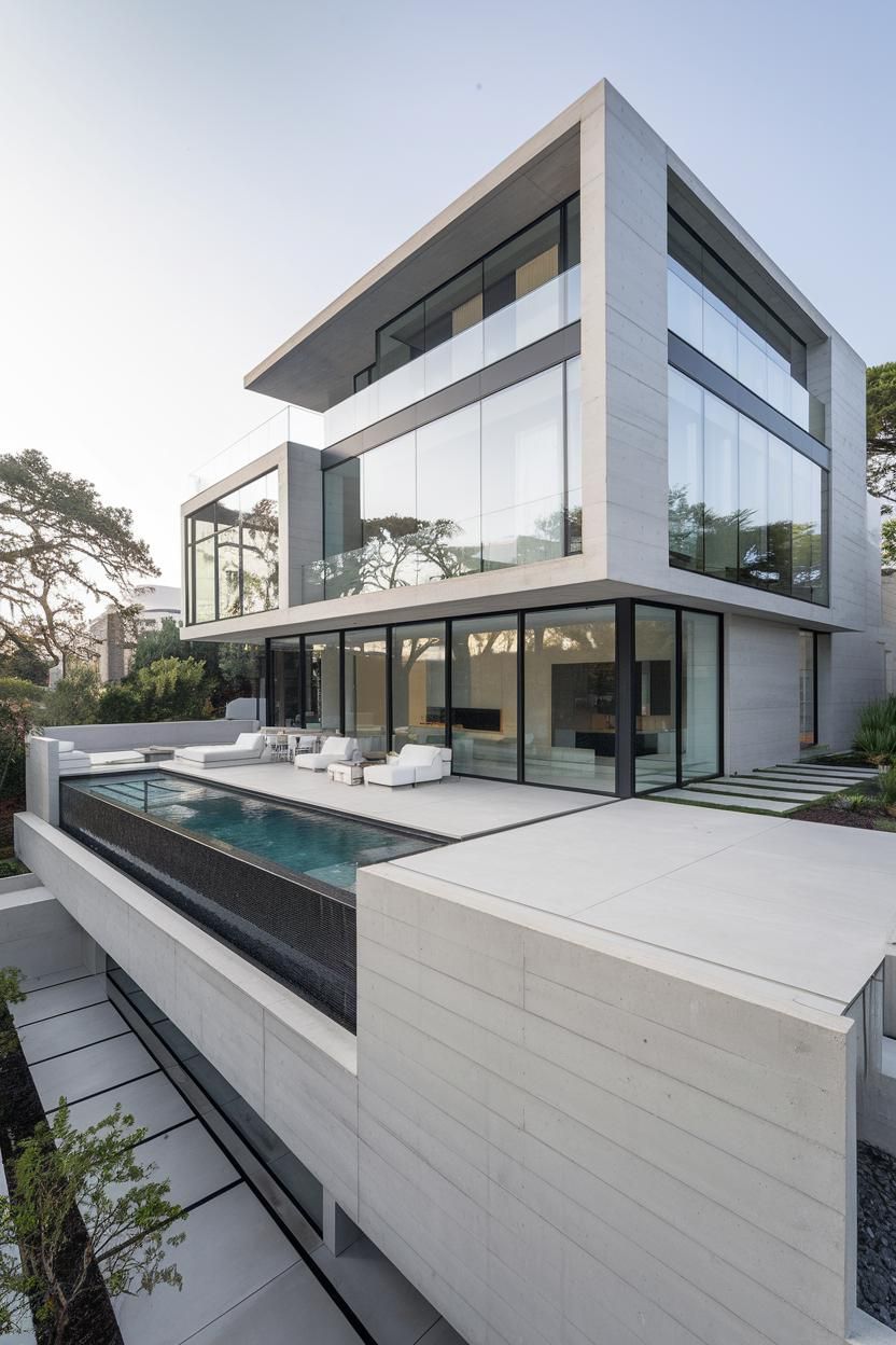 Modern glass and concrete house with pool