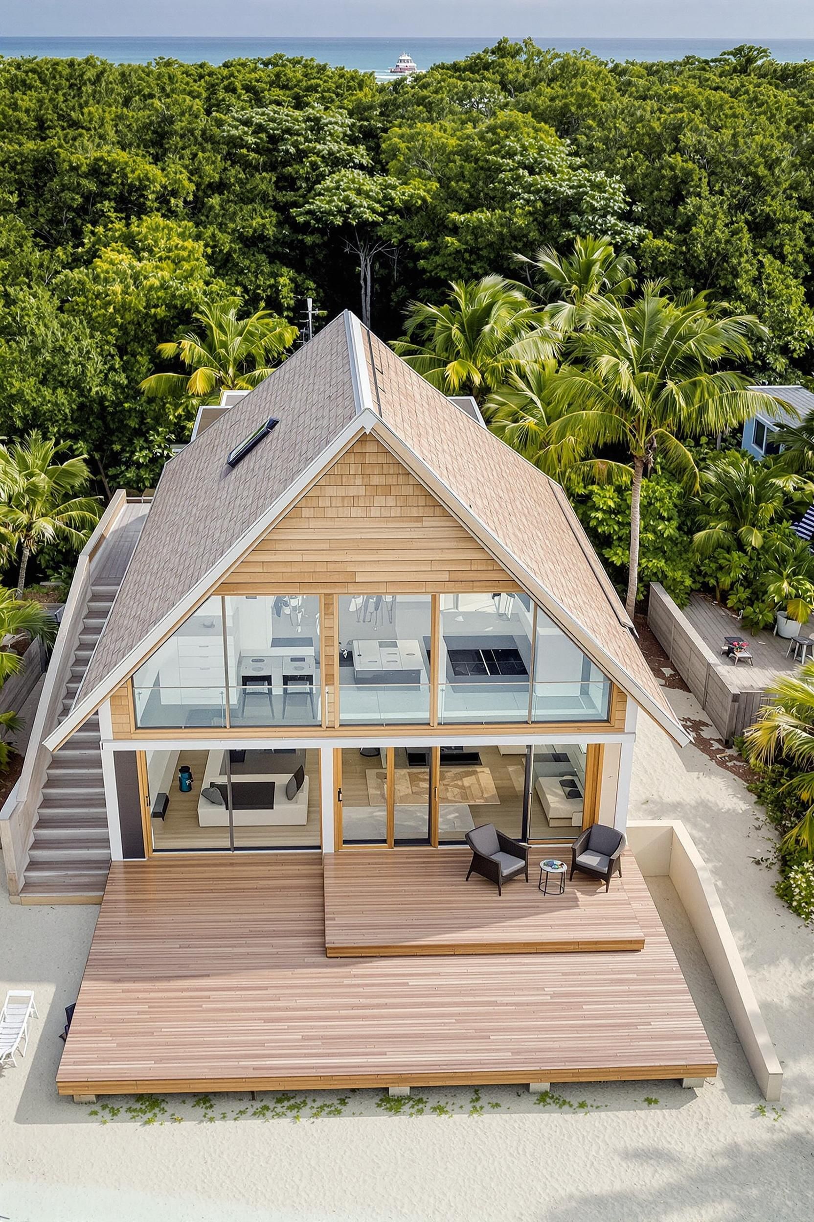 Modern beach house with large windows and expansive deck