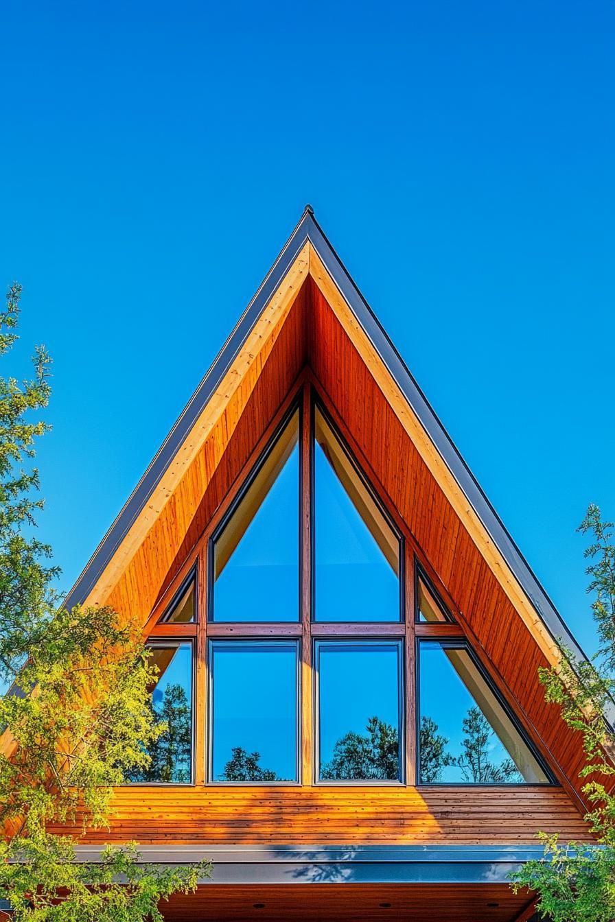 A-frame house with large glass windows set against a vibrant blue sky