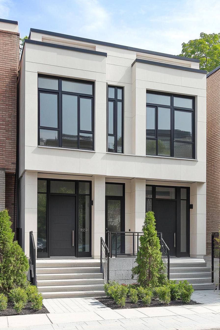 Sleek modern townhouse with large black-framed windows