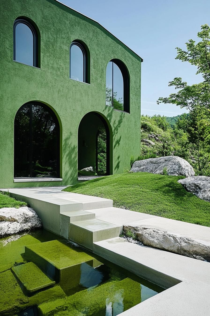 green zen yard with a pond green hilly landscape green rocks green concrete steps green color house wall with tall arched windows 2