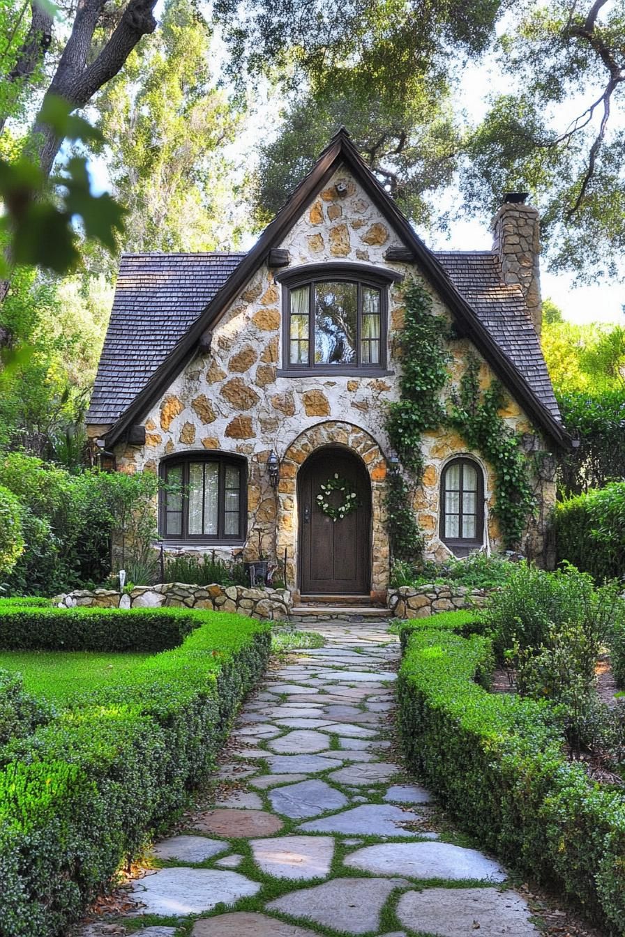 Stone cottage with lush surroundings