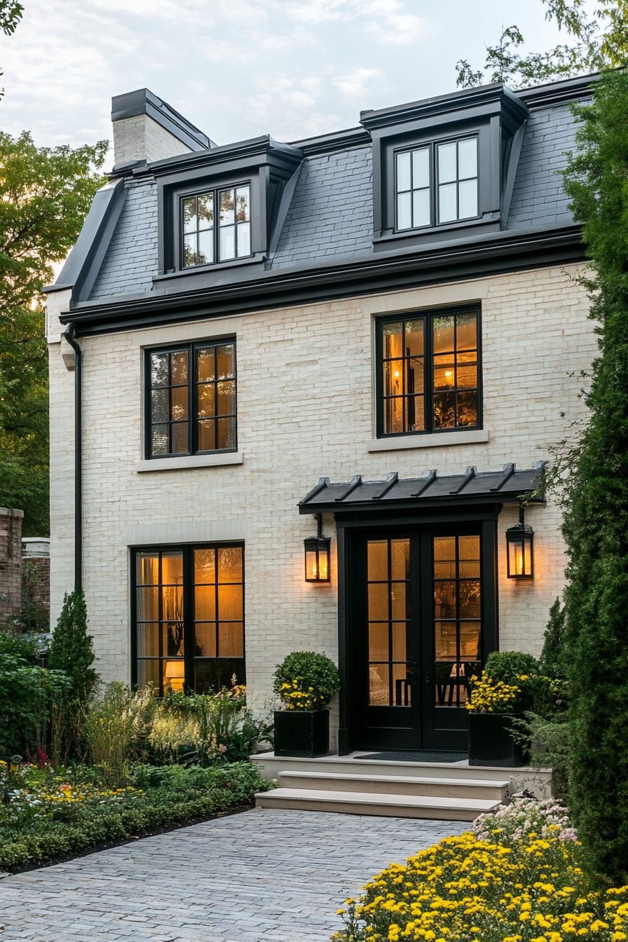 Charming brick townhouse with black trim and lush gardens