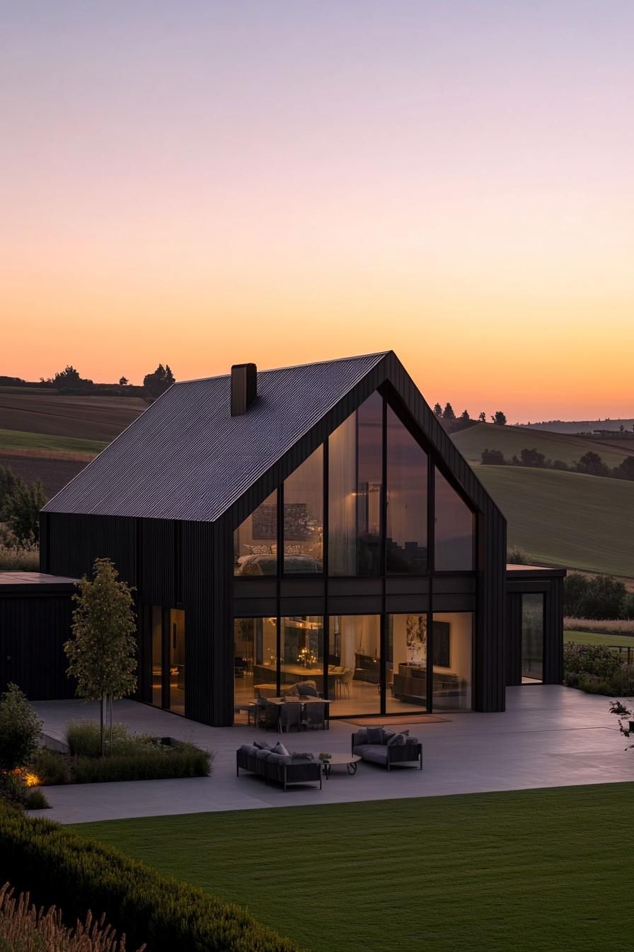 Modern house with large glass facade and sunset backdrop