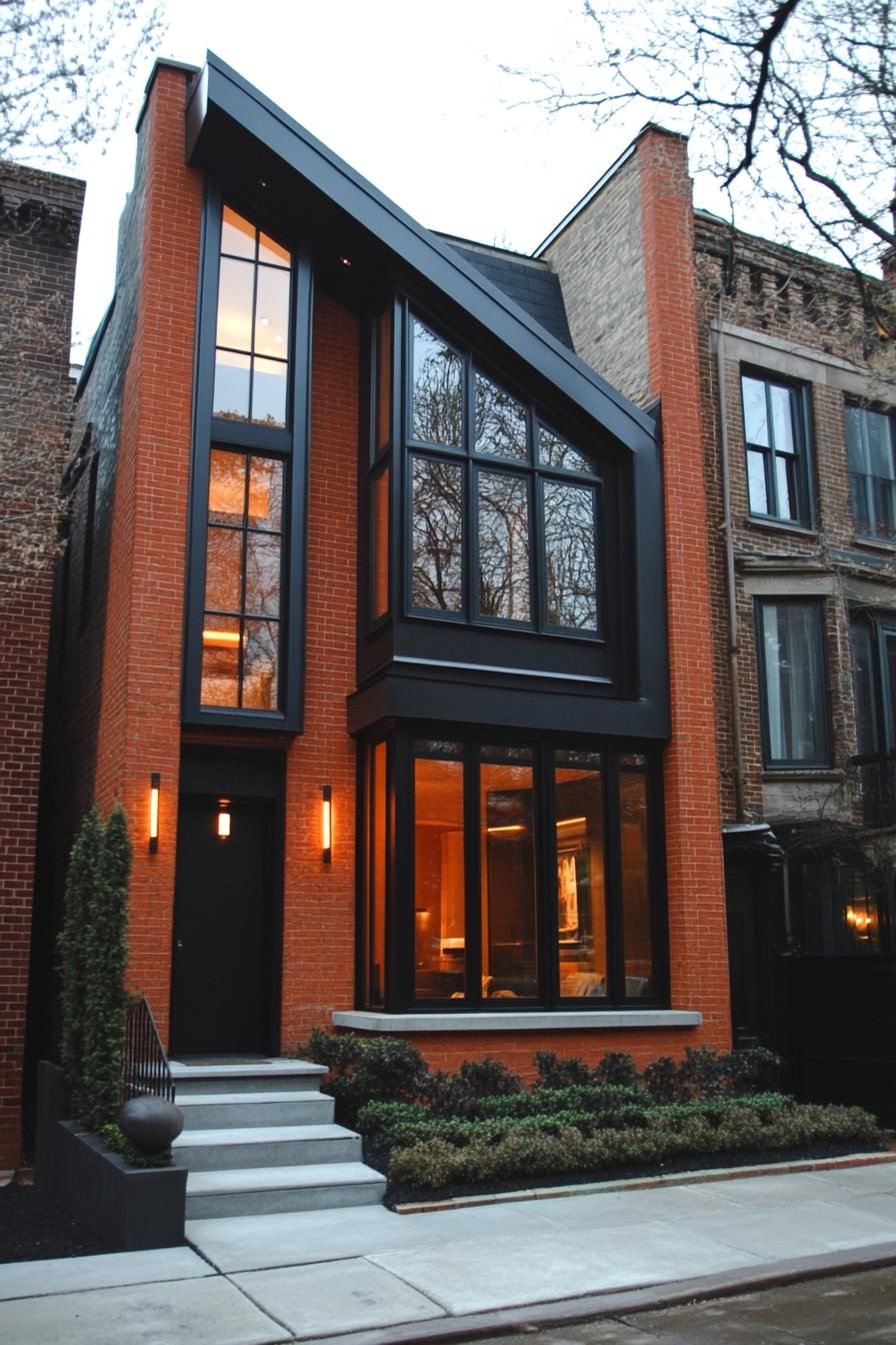 Modern brick house with large windows and sloped roof