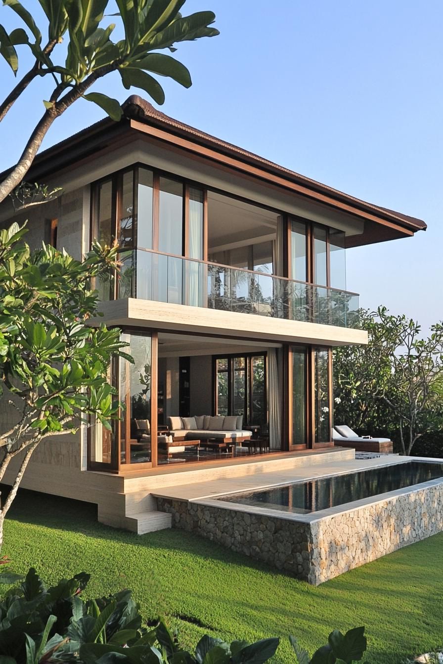 Modern villa with glass walls and lush greenery