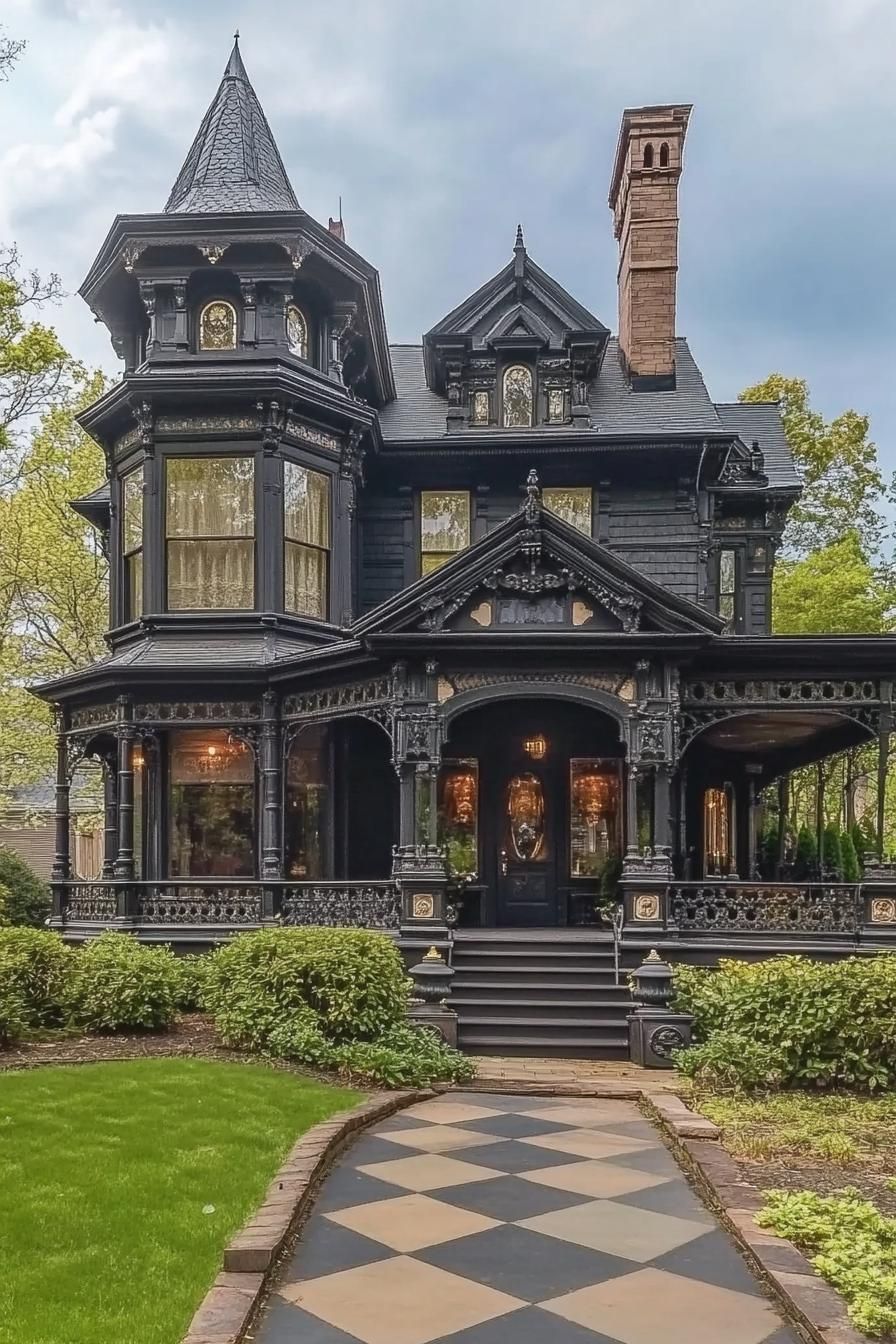 Victorian mansion with a tall turret roof with ornate trim arched windows dark facade large porch geometric landscaping 2