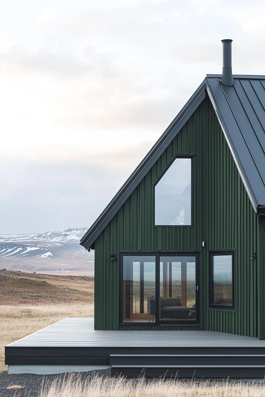 Dark green Scandinavian house with large windows and a sloped metal roof