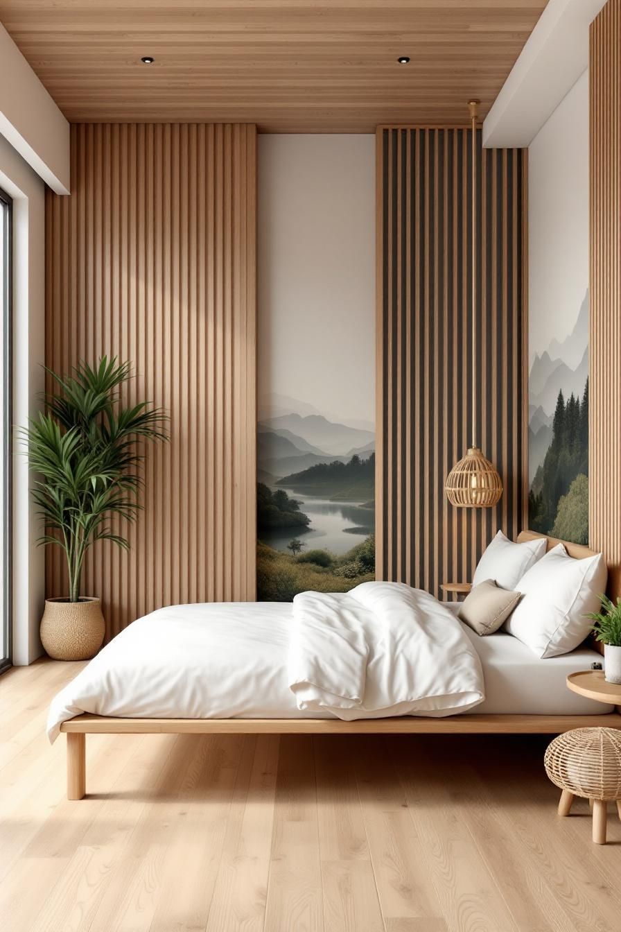 Alt Text: Minimalist bedroom with wooden accents and a nature mural