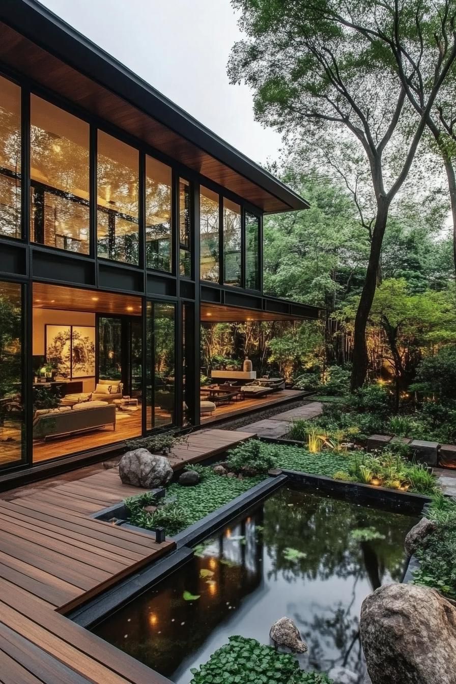 modern dark house courtyard with zen garden large glass windows wooden decks plush furniture pond with rocks and greenery tall lush trees in the 3