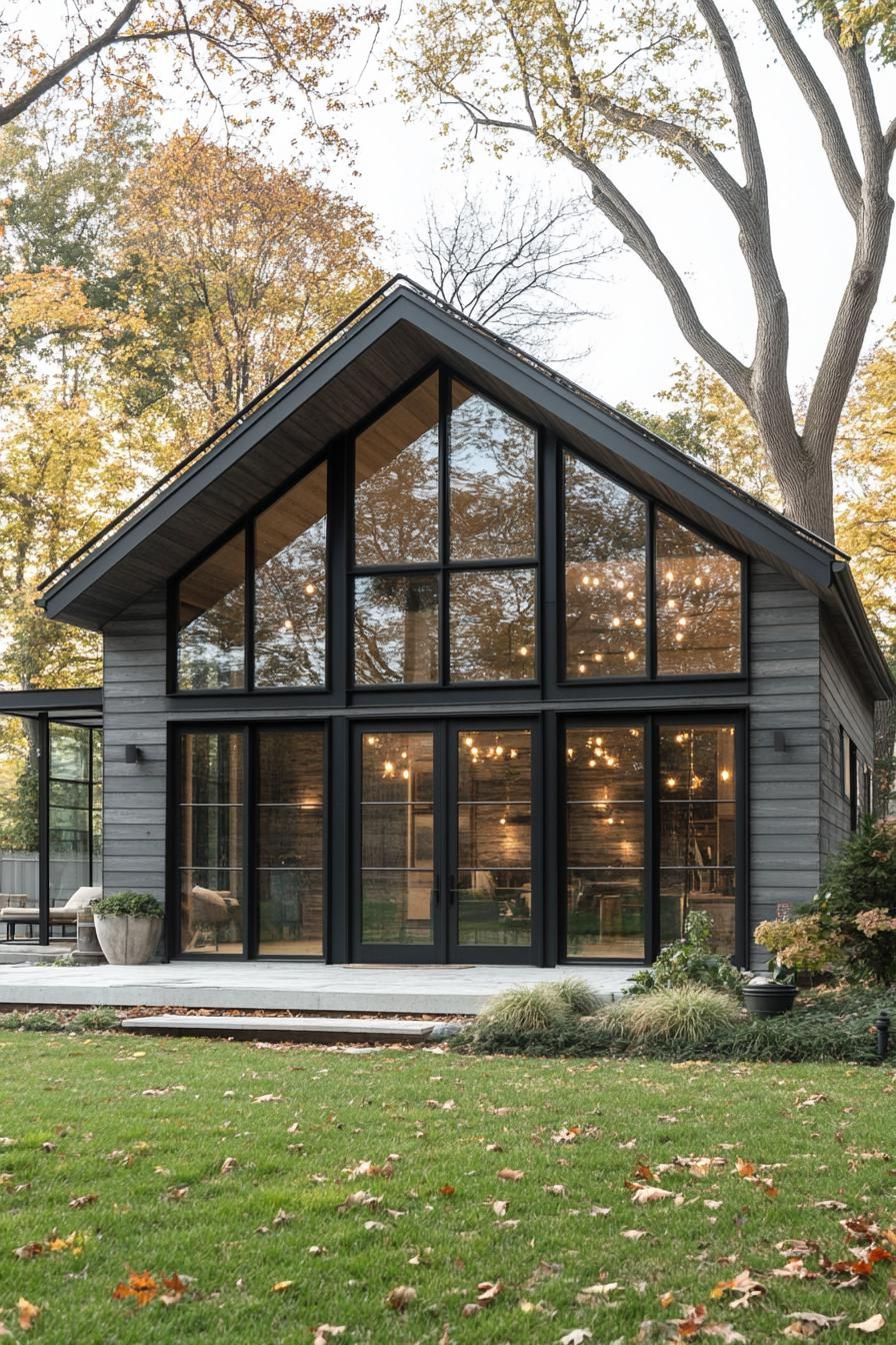 Barn house with glass front framed by autumn leaves