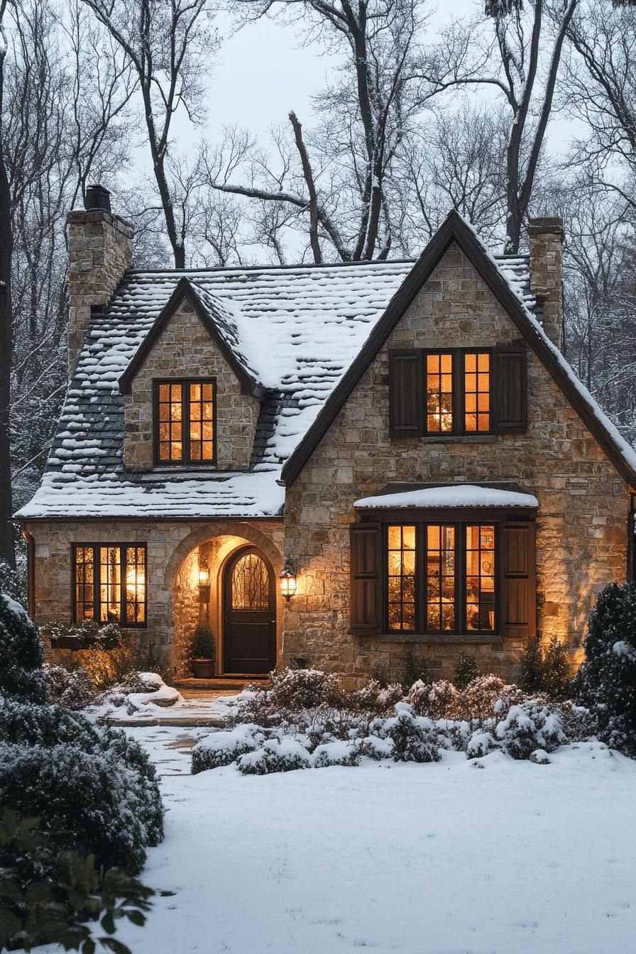 Charming stone cottage with glowing windows in a snowy landscape