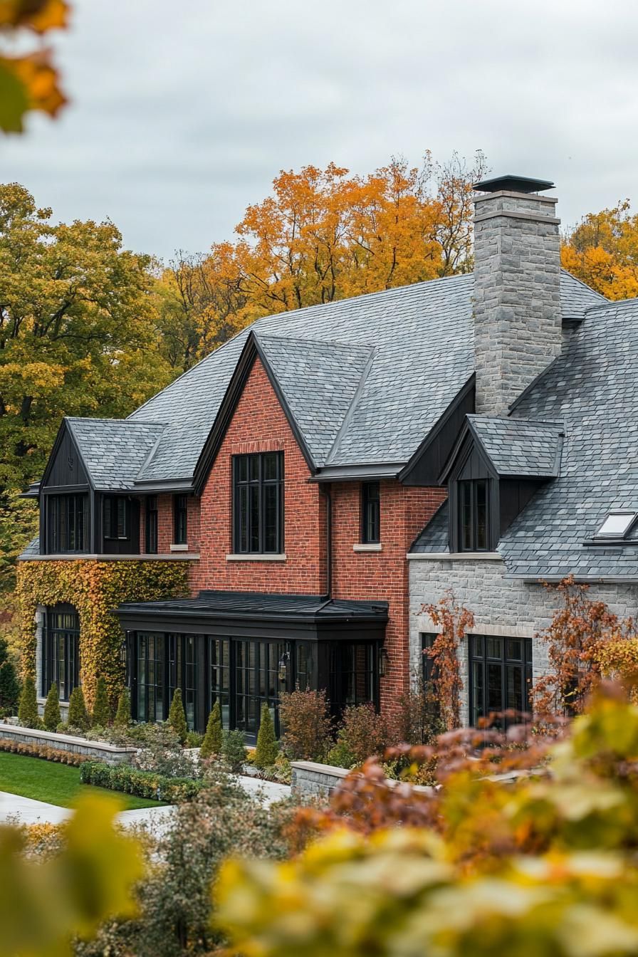 high angle view of large manor house with brick siding modern windows roof with gables and grey stone shingles chimney vines on facade front 2