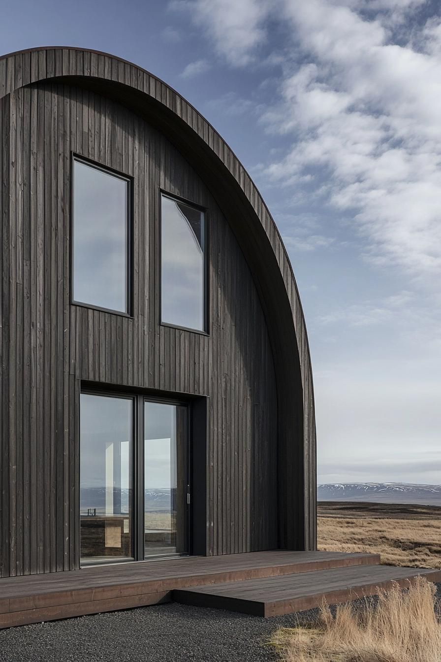 Modern Quonset hut with dark wooden finish